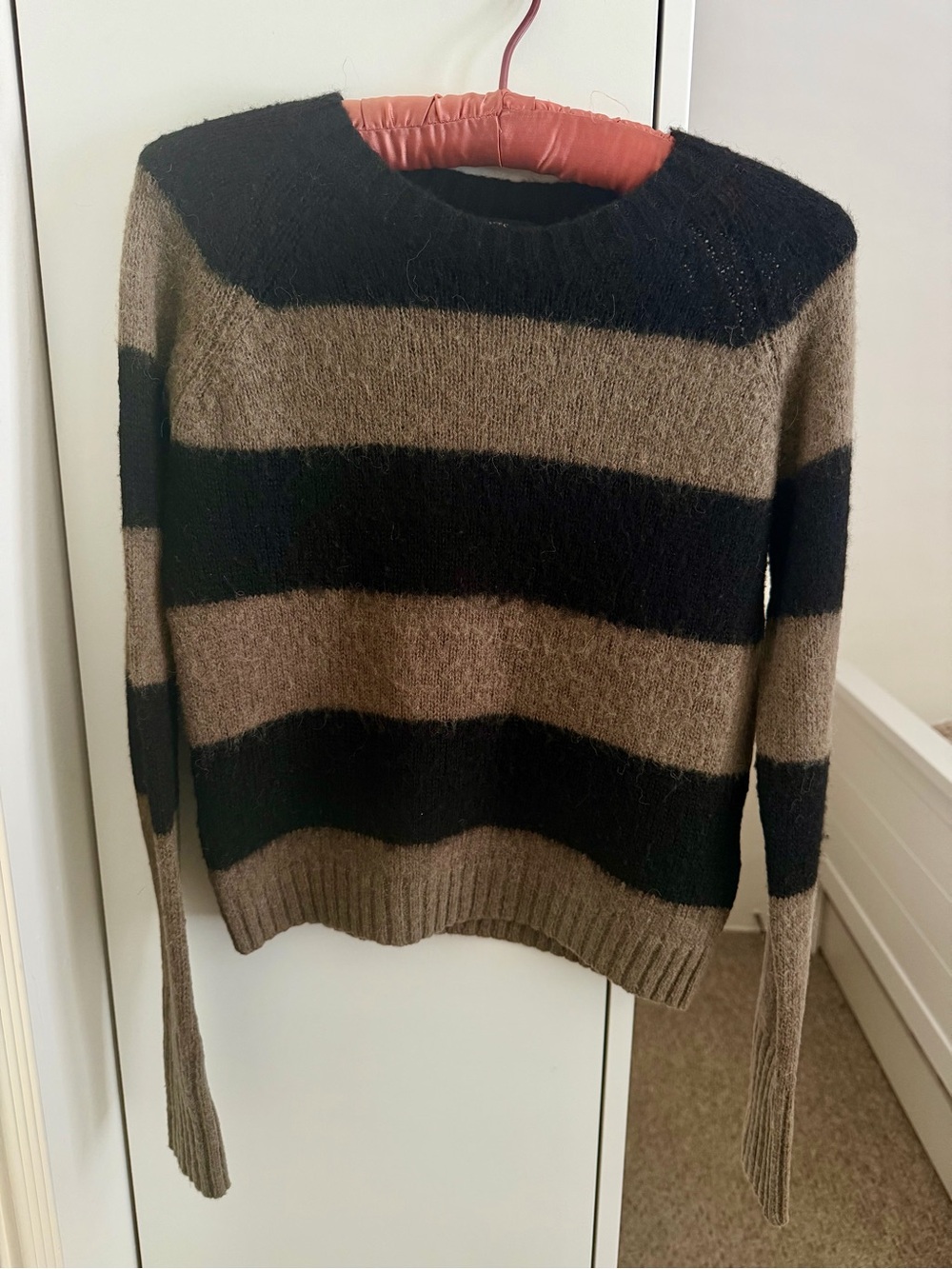 All Saints Striped Crewneck Women's Sweater in Taupe and Black. Size S